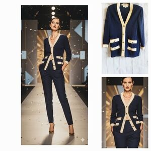 St. John Navy and Cream Cardigan